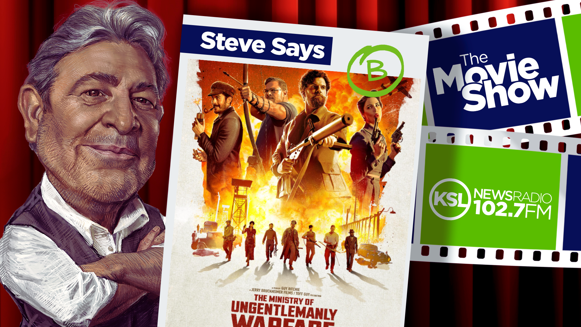 ksl movie show host steve salles next to 'The Ministry of Ungentlemanly Warfare' poster...