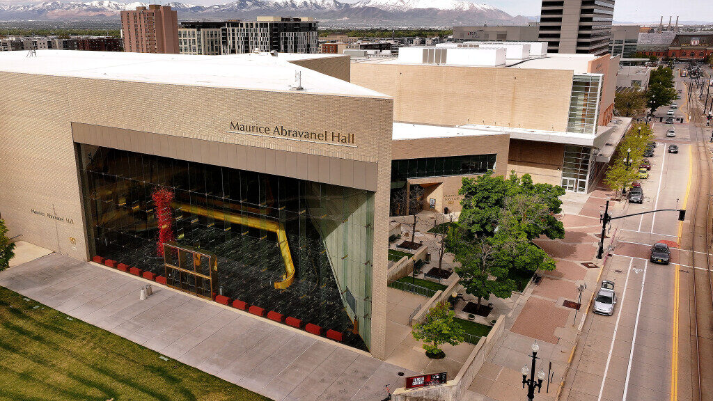 An aerial shot shows Maurice Abravanel Hall in Downtown Salt Lake City....