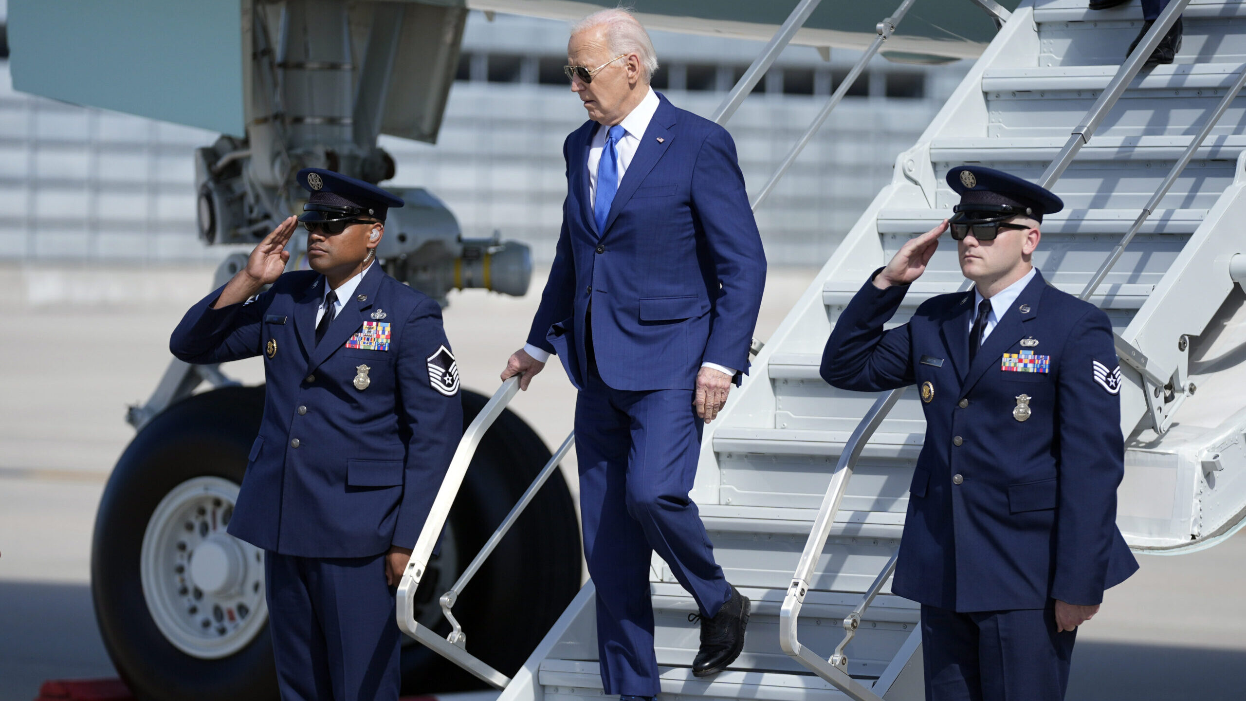 President Joe Biden arrives at Chicago O'Hare International Airport to attend a political fundraise...