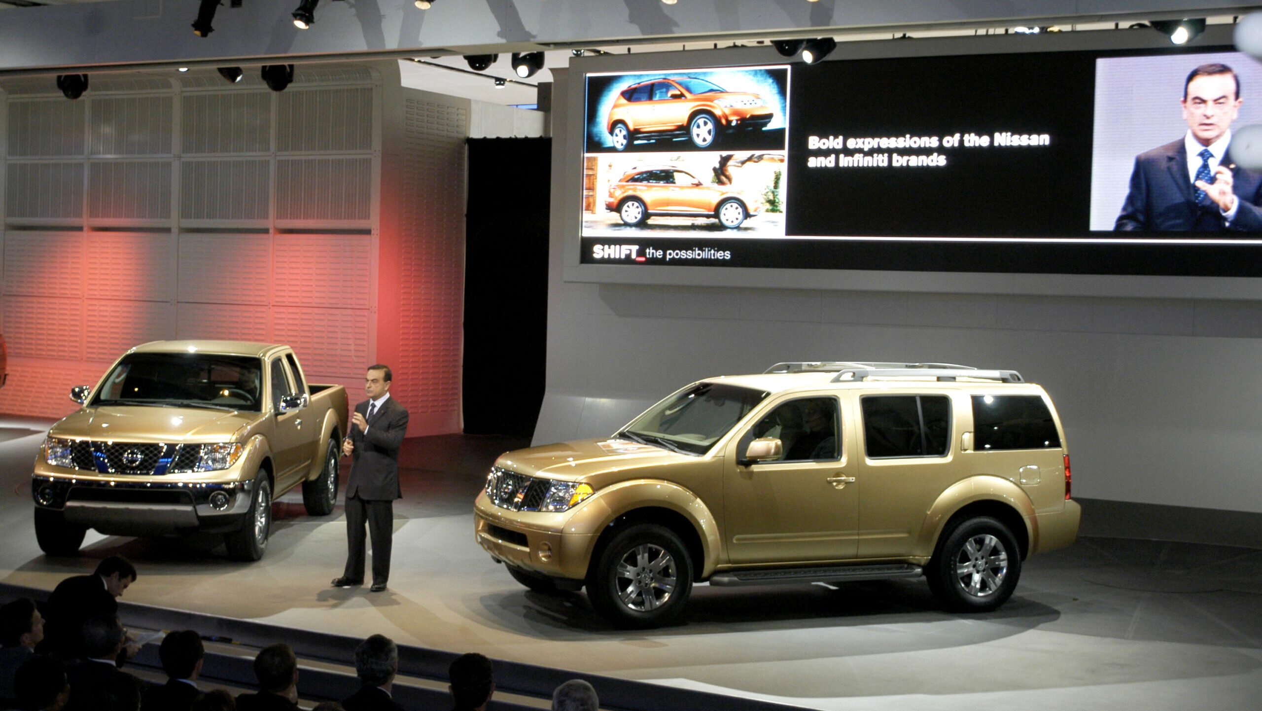 Former Nissan President and CEO Carlos Ghosn talks to the news media about the new 2005 Frontier pi...