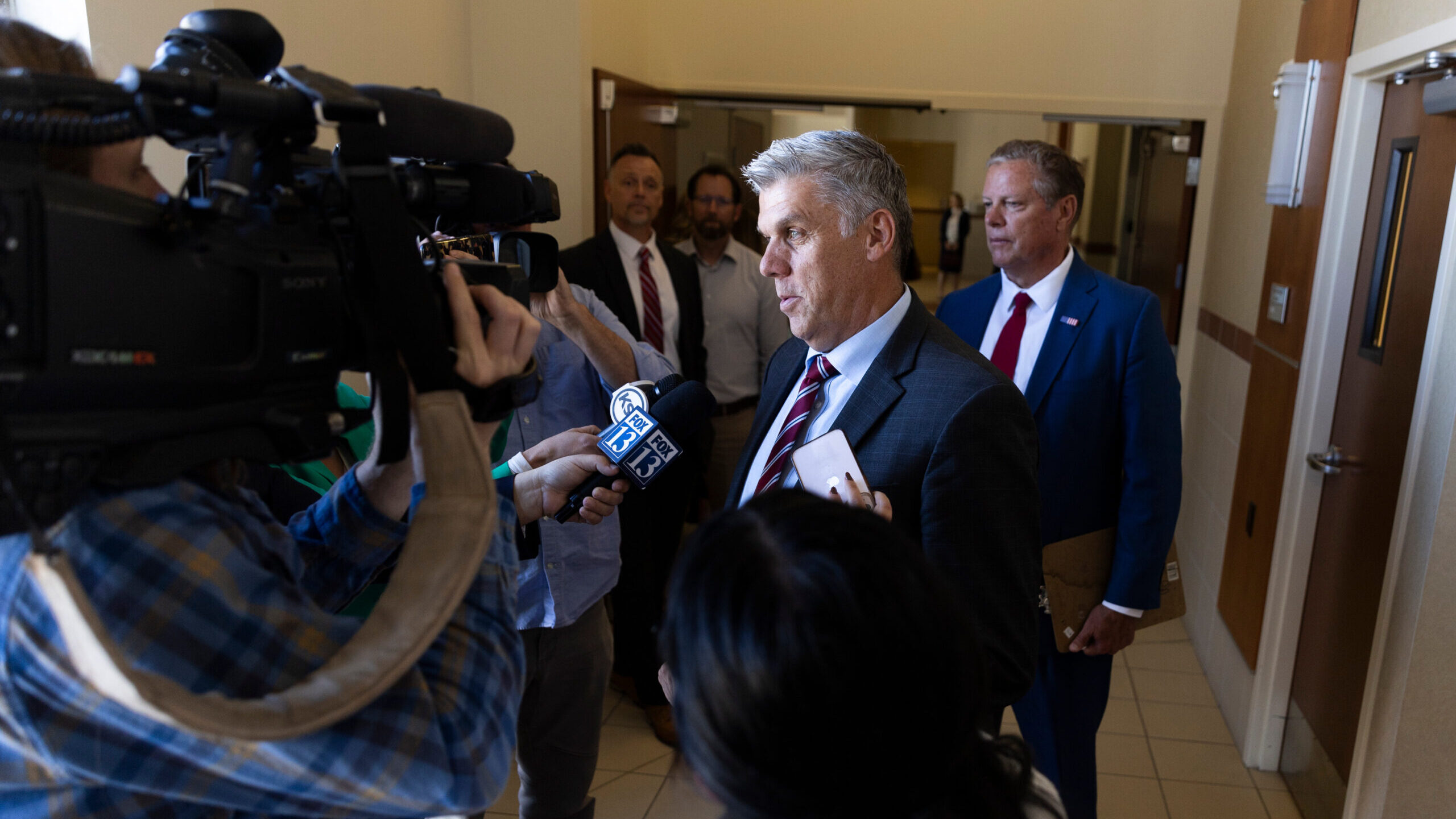 Governor candidate Phil Lyman makes a statement after leaving the court room with Layne Bangerter a...
