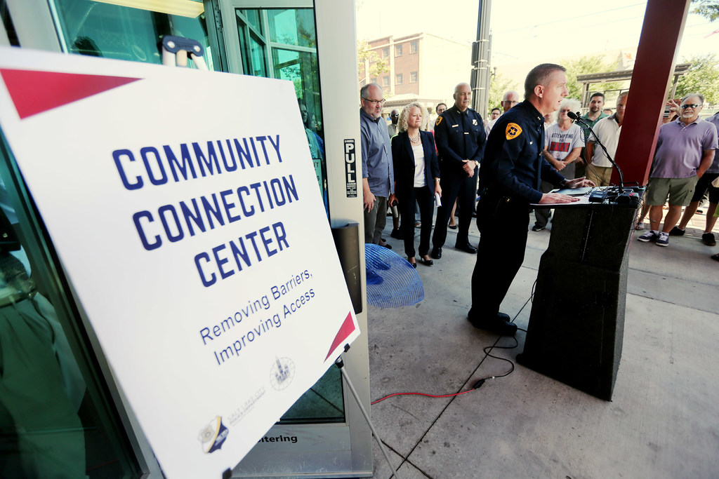 Salt Lake Deputy Police Chief Josh Scharman conducts the grand opening of the Community Connections...