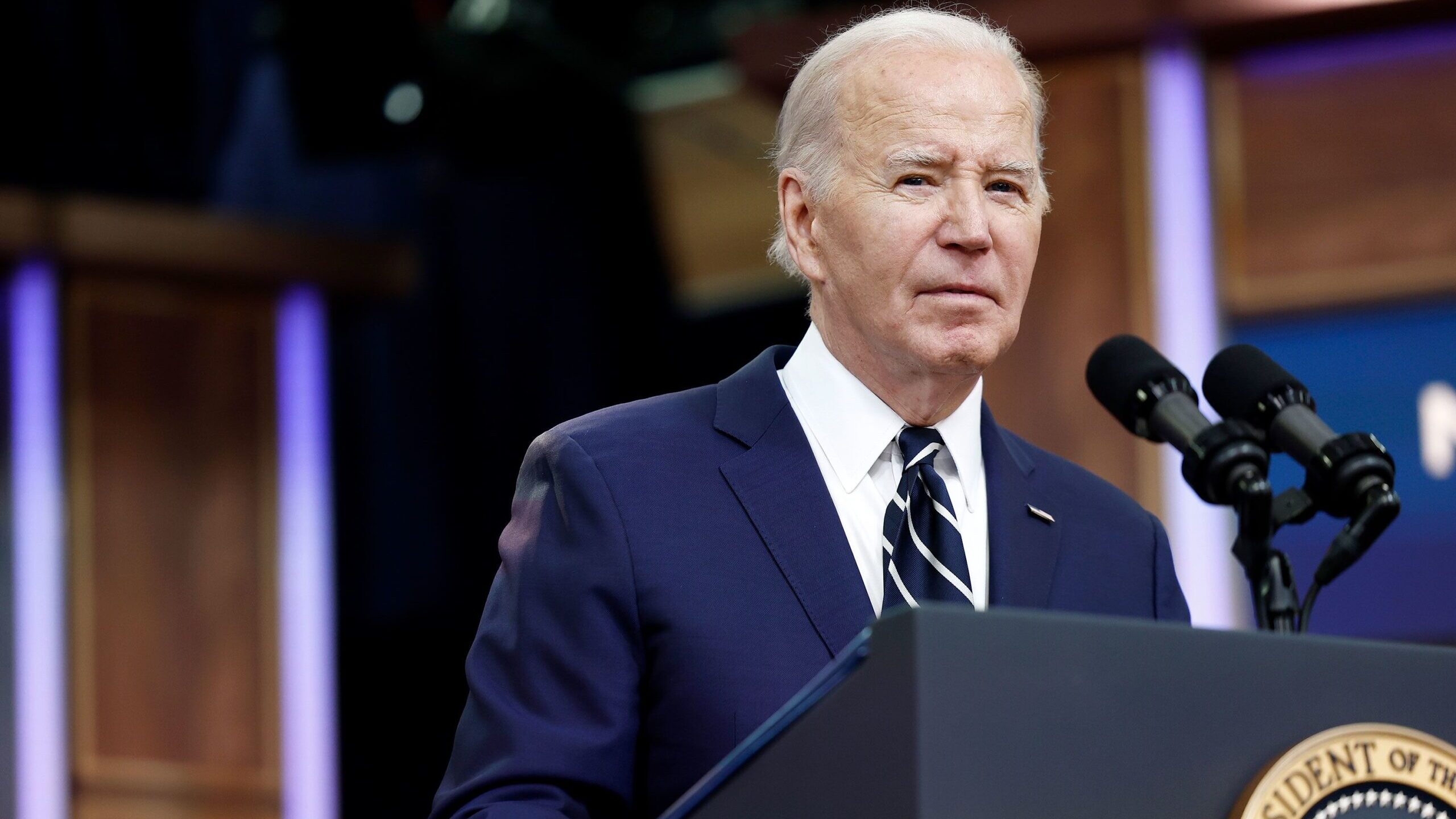 President Joe Biden speaks from the South Court Auditorium in the Eisenhower Executive Office Build...