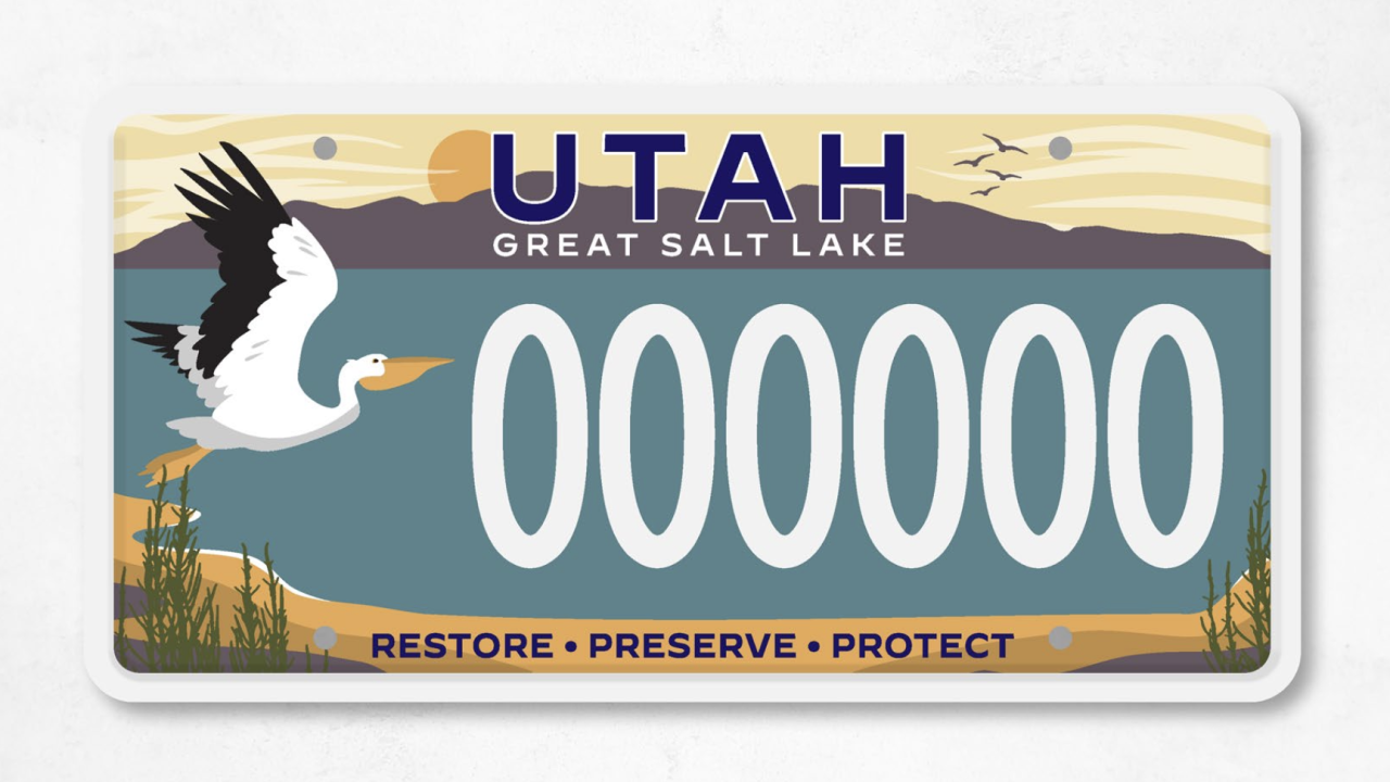 The design for the new Great Salt Lake license plate includes a pelican flying across the Great Sal...