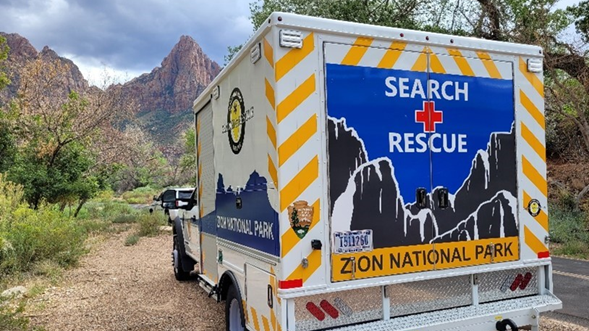 In this file photo, a search and rescue vehicle parks in Zion National Park...