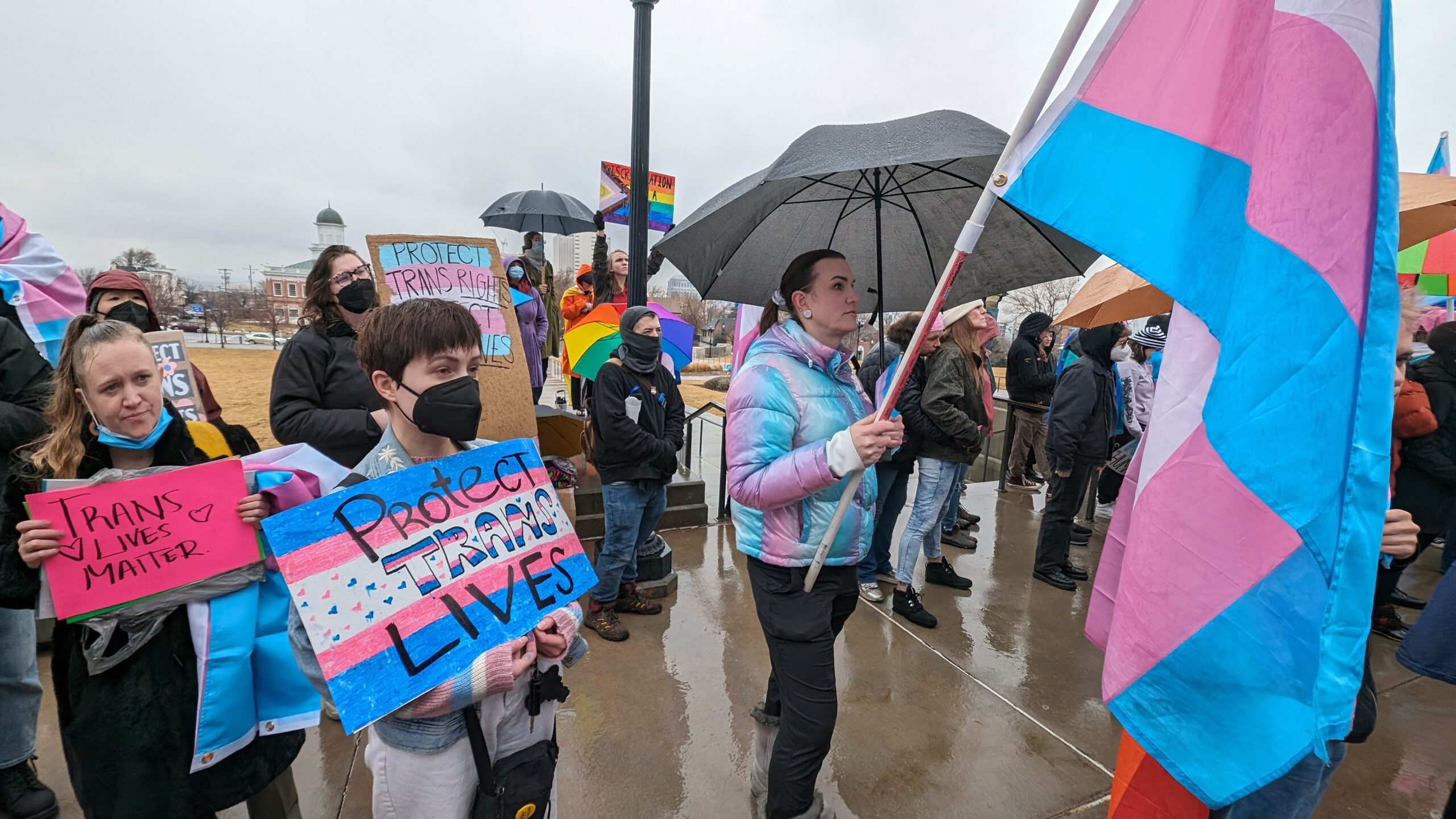 Demonstrators in support of trans rights gathered outside the Utah Capitol in early 2024. (Aimee Co...