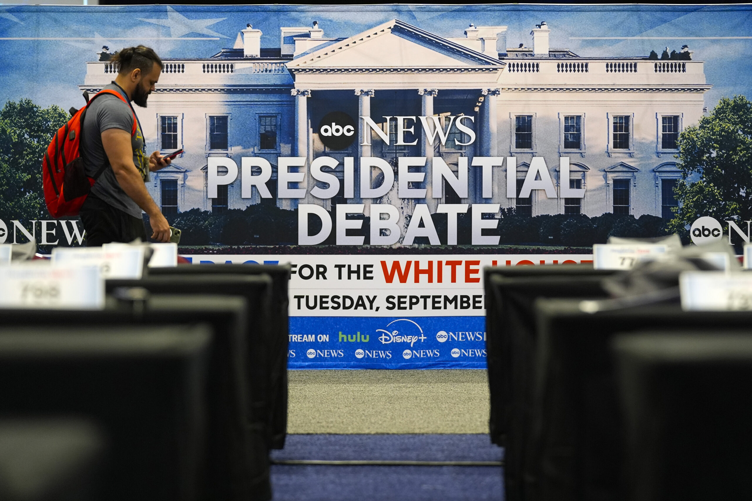 Signage at the media filing center ahead of tomorrow's presidential debate between Republican presi...