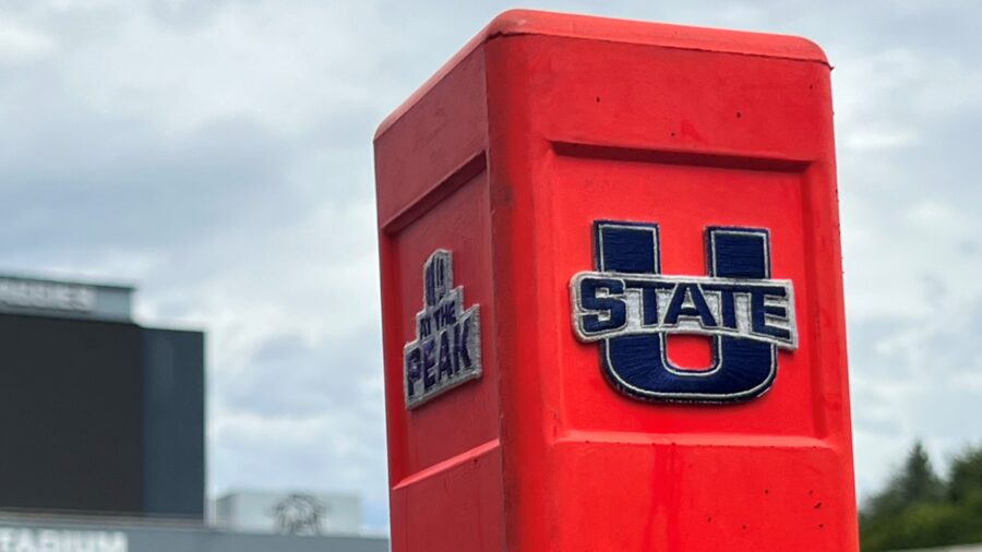 Back endzone pylon at Maverik Stadium, home of the Utah State Aggies. (Photo courtesy of Utah State...