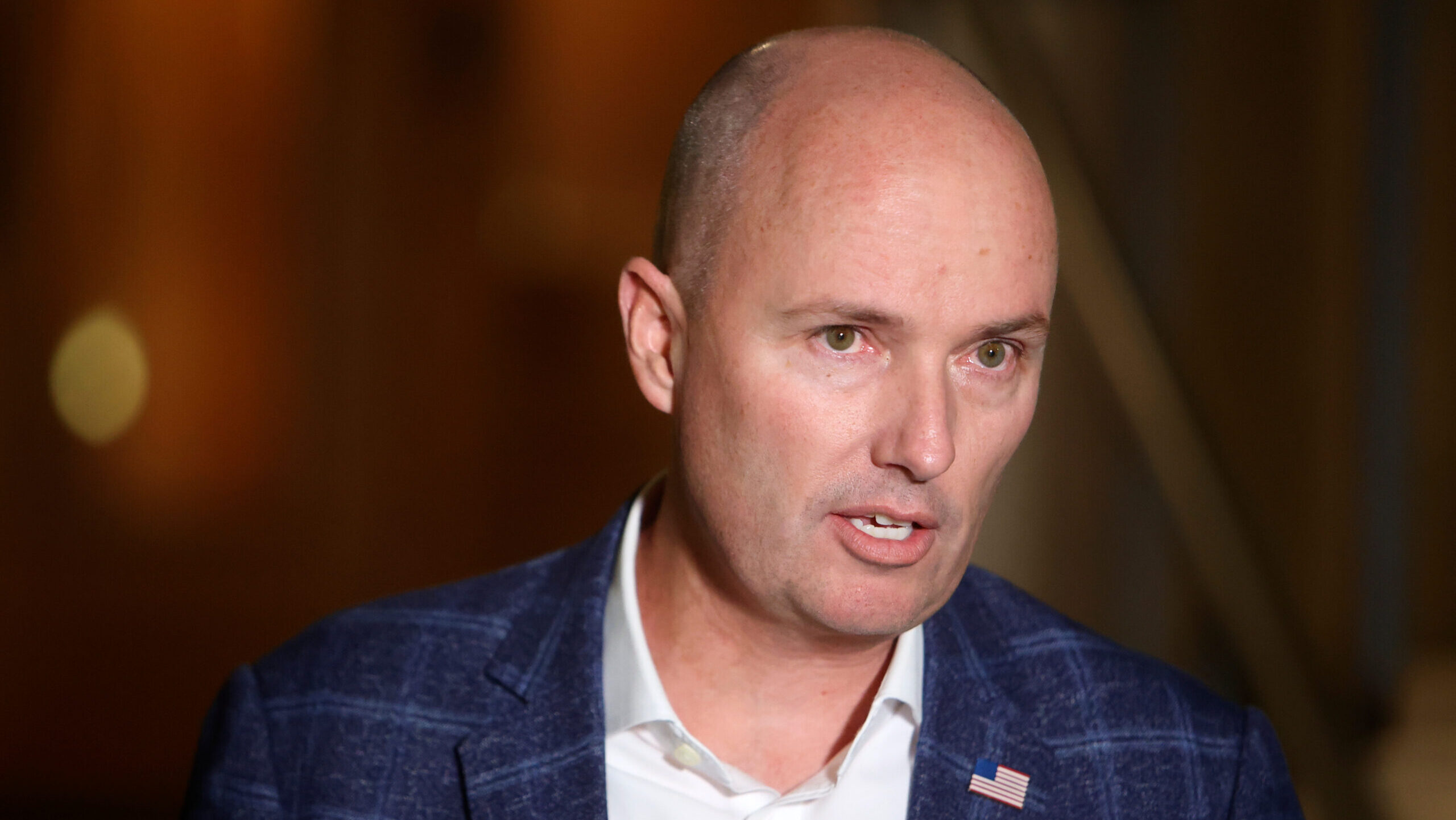 Gov. Spencer Cox talks to members of the media after the gubernatorial election was called for Cox ...