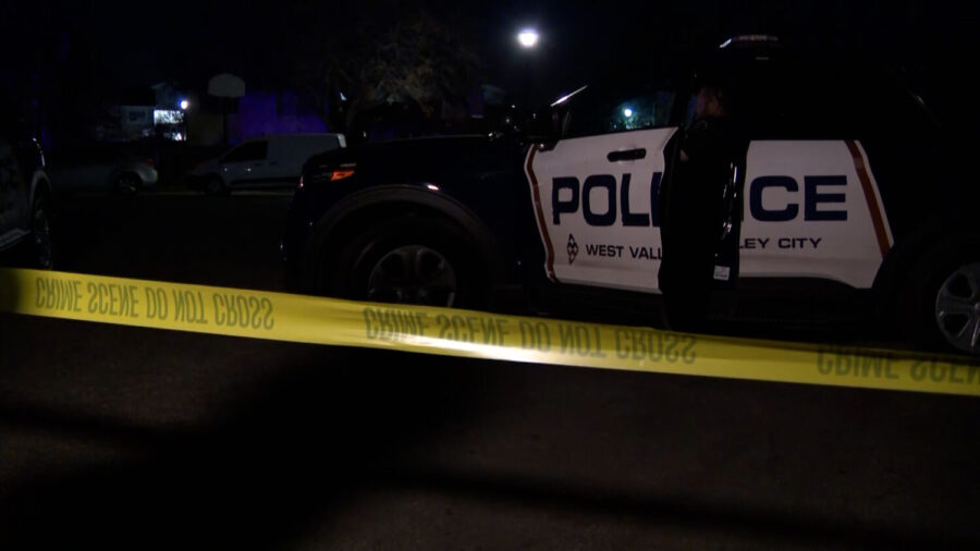 A West Valley City Police Department vehicle outside the scene of an apparent murder-suicide pictur...