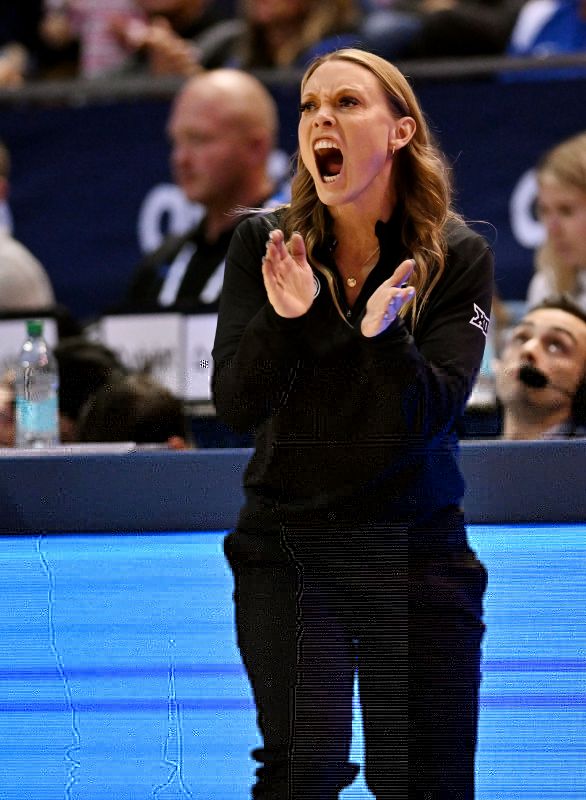BYU Cougars head coach Amber Whiting yells to her players as BYU and Utah women play at the Marriott Center in Provo on Saturday January 25, 2025. Scott G Winterton, Deseret News)