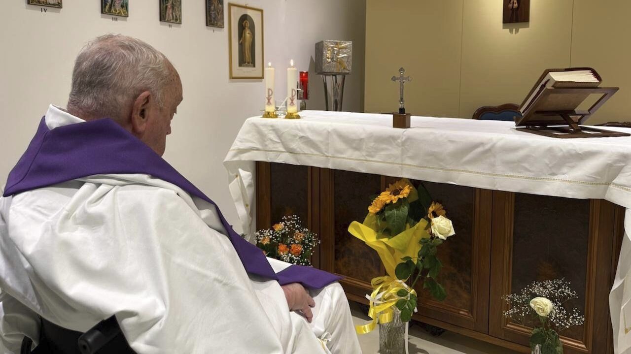 In this picture released by the Vatican Press Hall Pope Francis celebrates a mass inside the chapel...