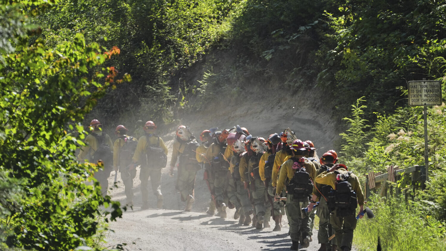 A line of wildland firefighters arrive at the scene the day after a shooter ambushed and killed mul...