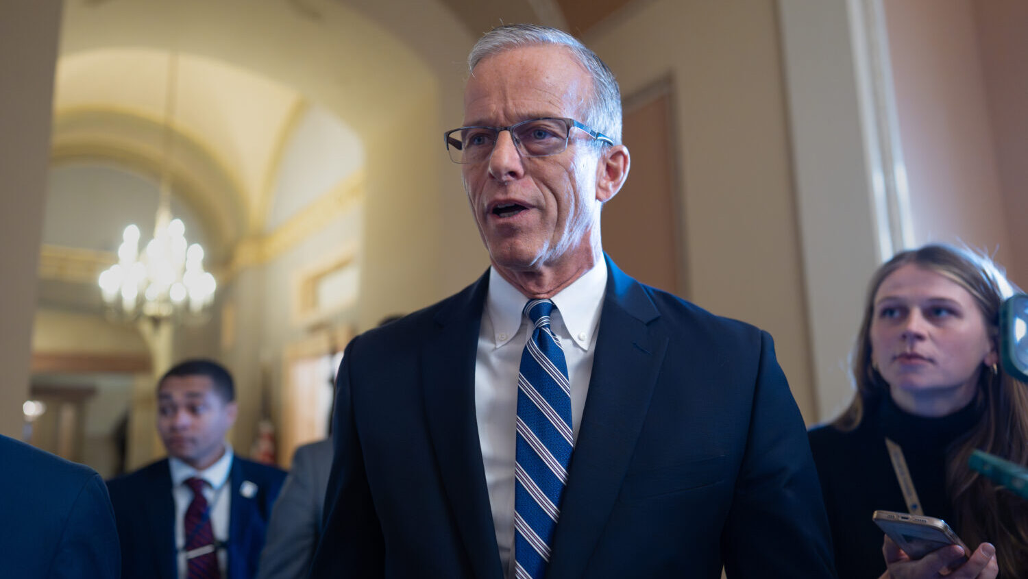 Speaking to reporters, Senate Majority Leader John Thune, R-S.D., responds to Senate Democratic Lea...