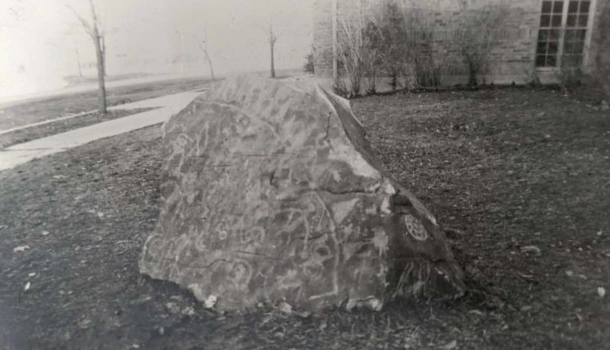 An undated photo of the petroglyph rock placed outside of the 1st Ward meetinghouse in Tremonton.