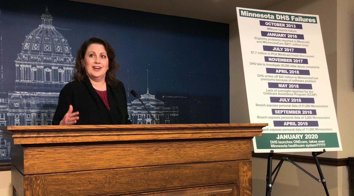 State Sen. Michelle Benson reacts at a news conference on Wednesday, April 10, 2019 at the Minnesot...