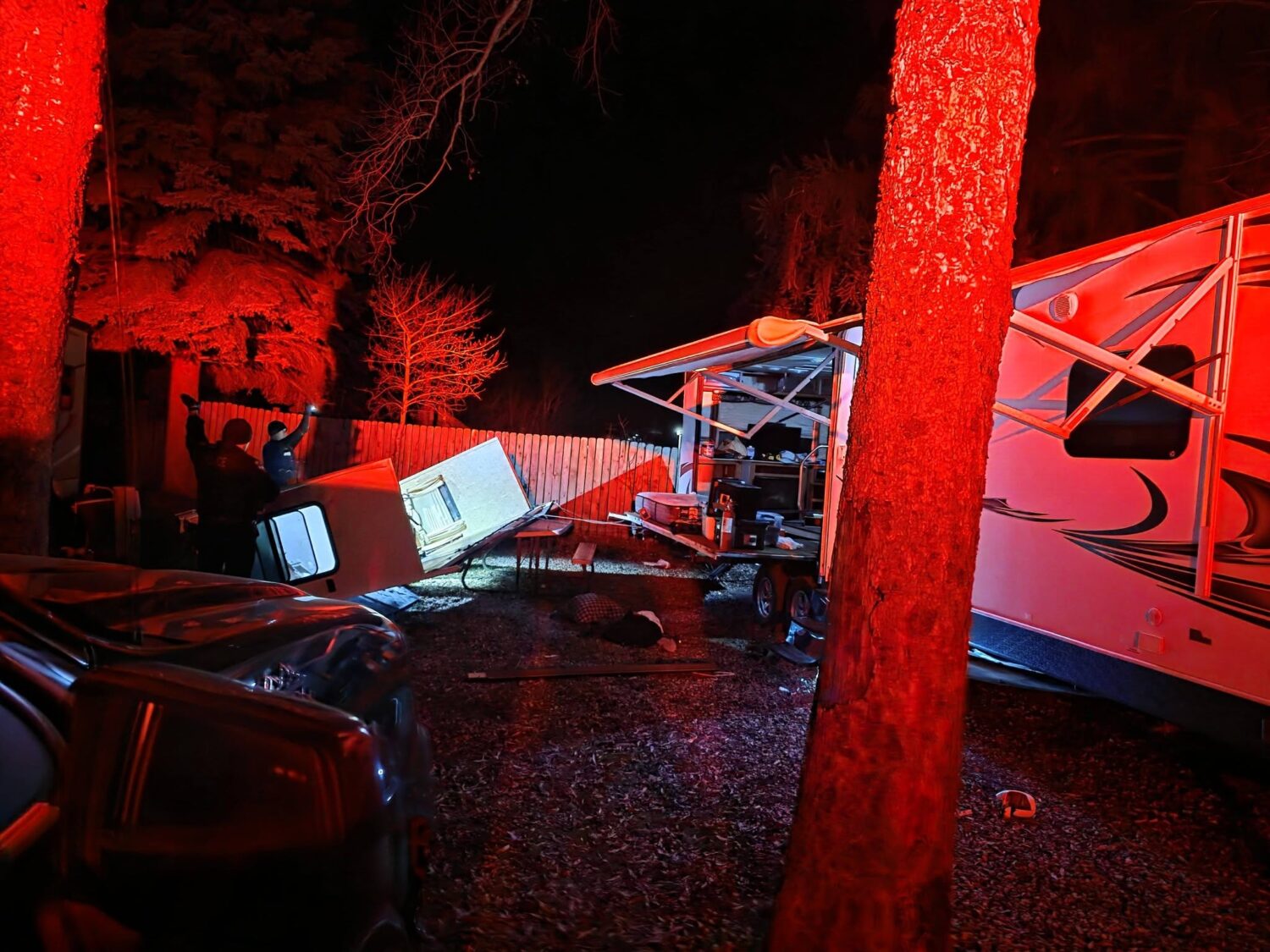 The aftermath of an explosion at a trailer park in Mantua, Utah, where a male and a dog were both injured. (