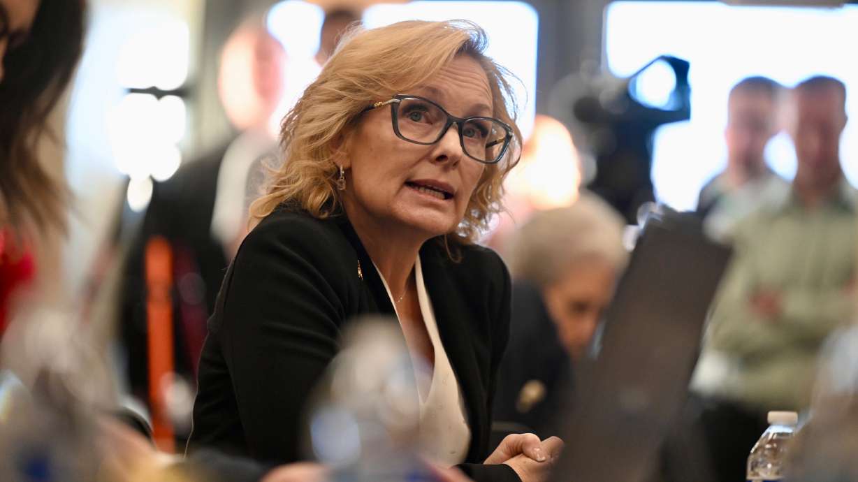 State Auditor Tina M. Cannon speaks in the Senate building at the Capitol in Salt Lake City on Mond...