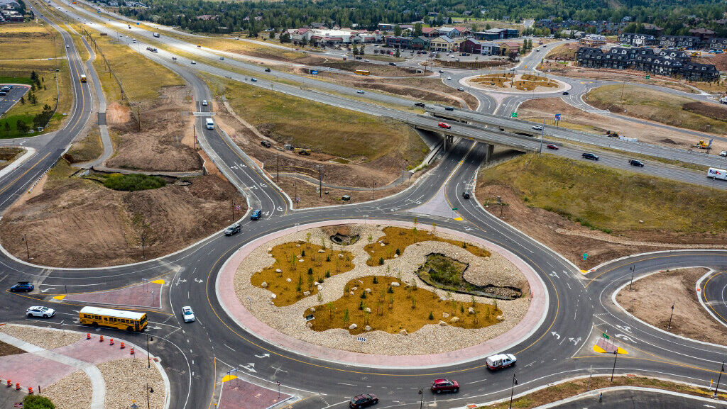 Traffic flows through the two new roundabouts at the Jeremy Ranch exit on 1-80 in Summit County on ...