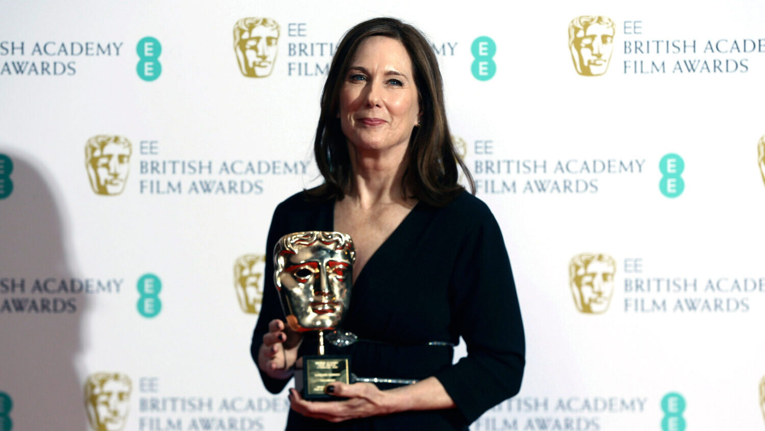 Kathleen Kennedy, winner of the BAFTA Fellowship, poses with her award backstage at the BAFTA Film ...