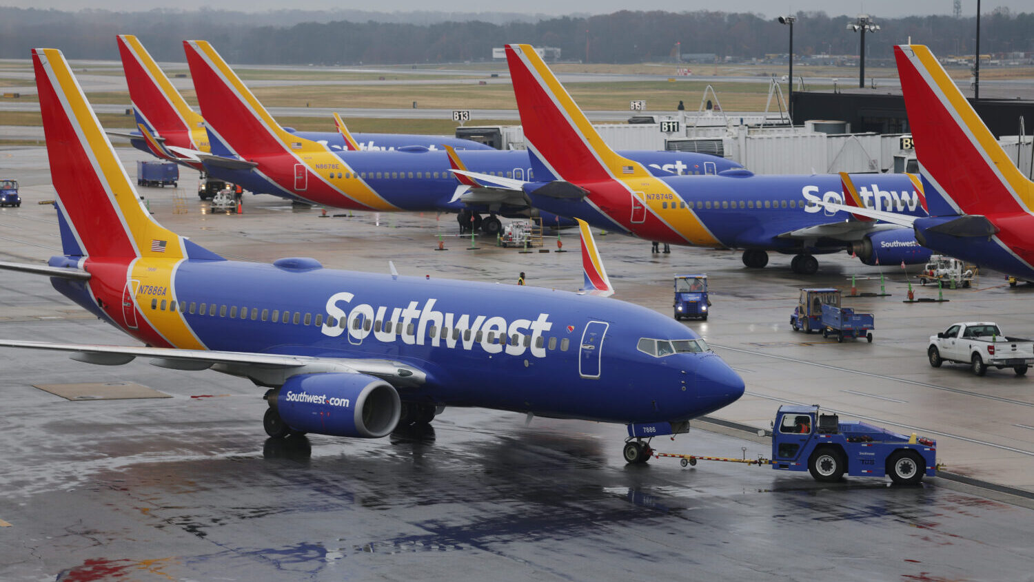 Airplanes with Southwest Airlines sit on the tarmac at the Baltimore/Washington International Thurg...