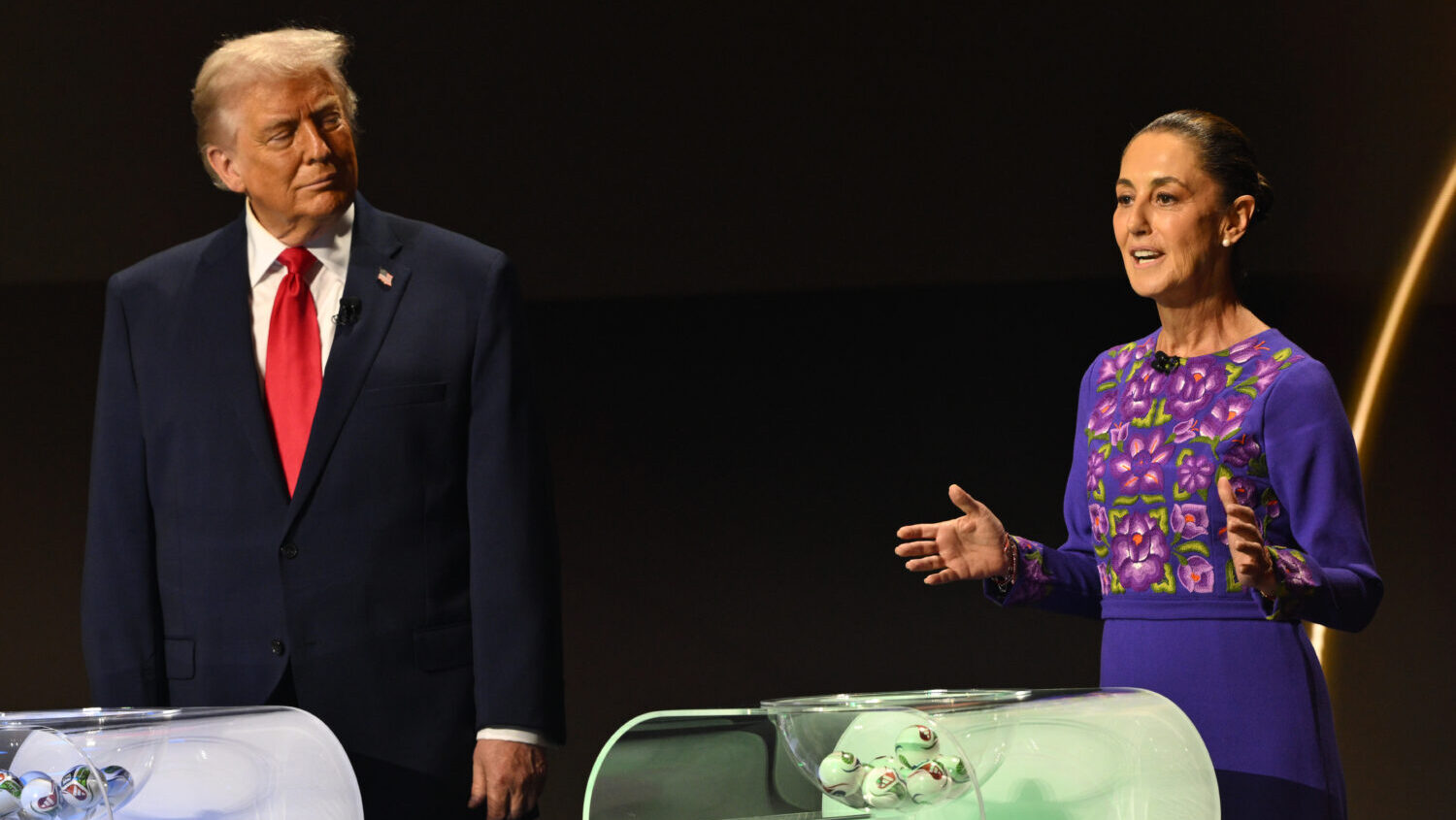 Claudia Sheinbaum, President of Mexico, speaks next to U.S. President Donald Trump during the FIFA ...