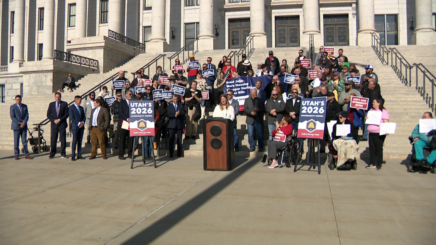 People attend a rally outside the Utah Capitol on Thursday, Jan. 29, 2026 to urge lawmakers to focus on the high cost of living. (Mark Less, KSL)