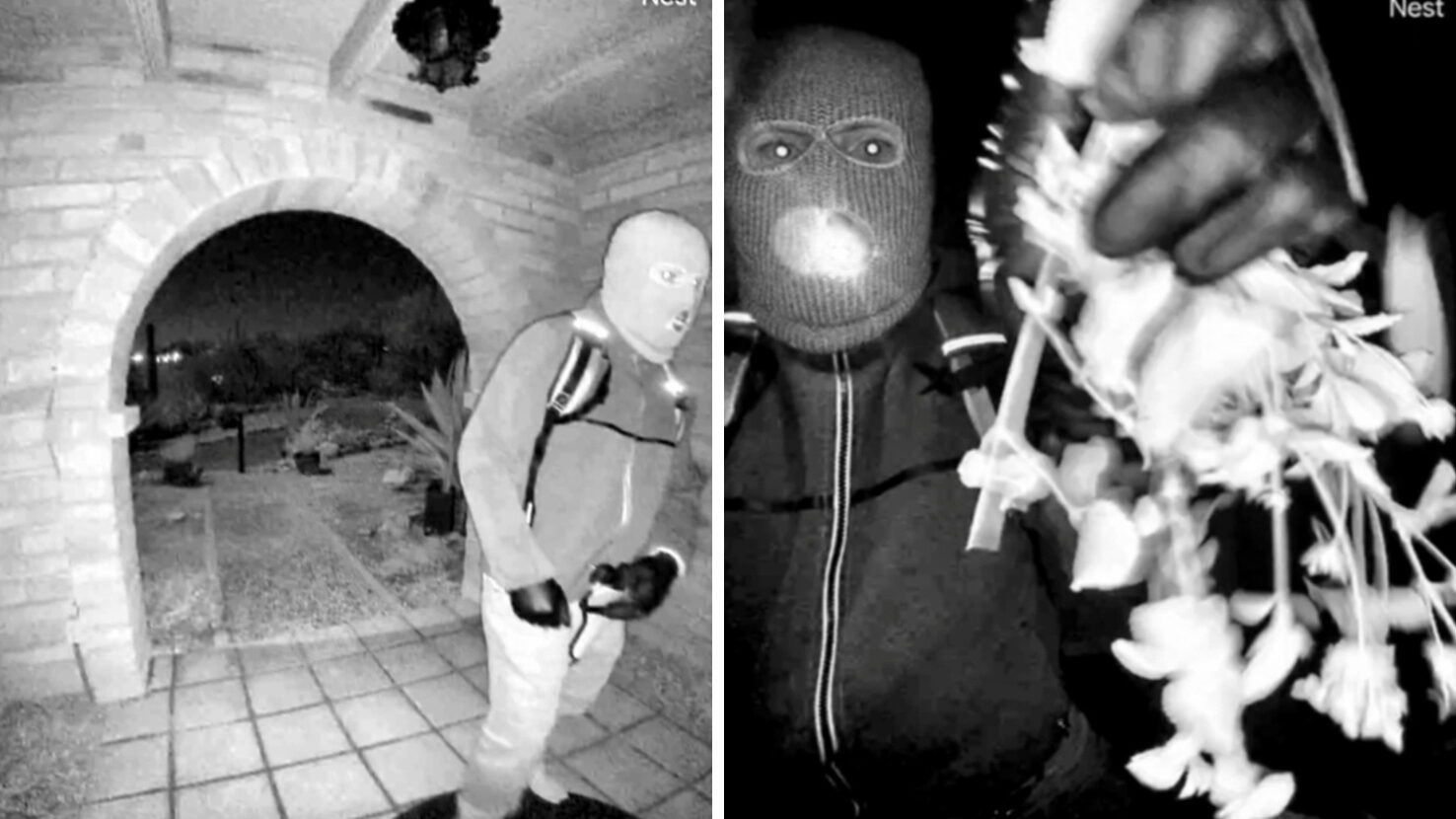 This combo from images provided by the FBI shows surveillance footage at the home of Nancy Guthrie ...