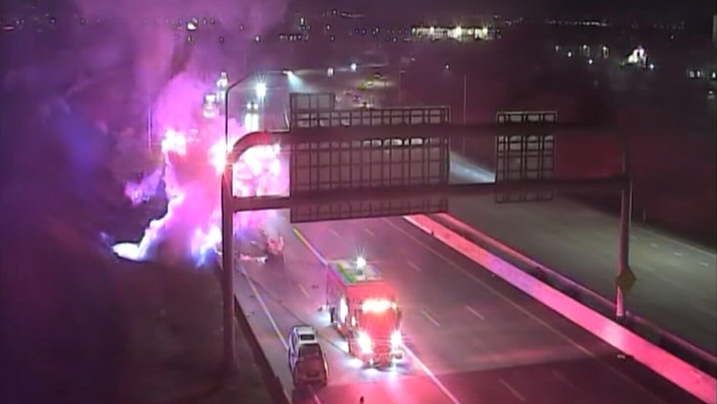 A car rolled and caught fire on I-215 in Murray on Thursday morning....