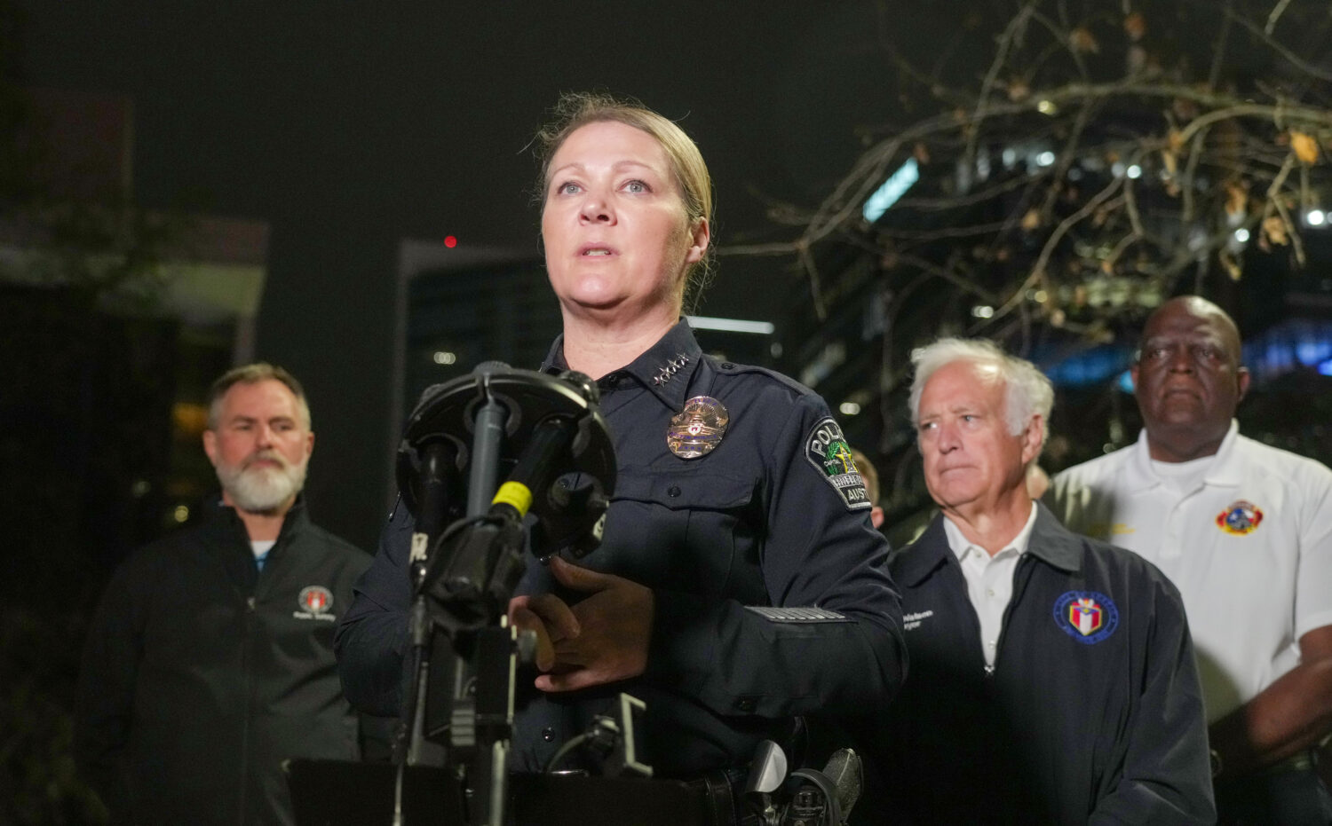 Austin Police Chief Lisa Davis provides a briefing after a shooting, Sunday March 1, 2026, near Wes...