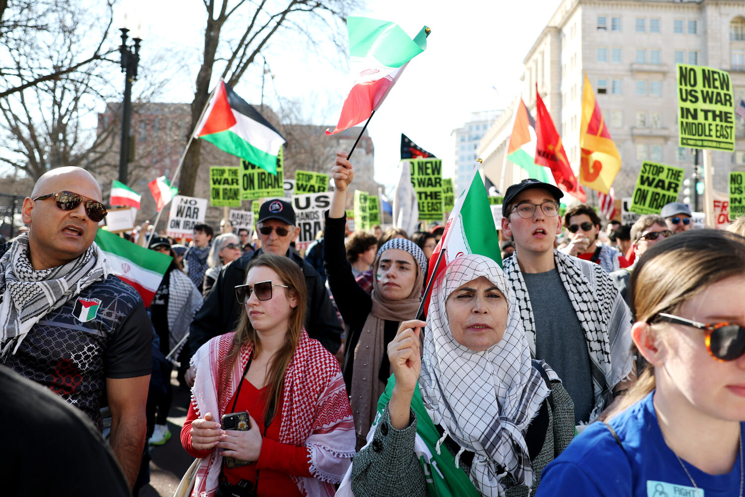 Protesters demonstrate against President Trump and strikes on Iran outside the White House on Febru...