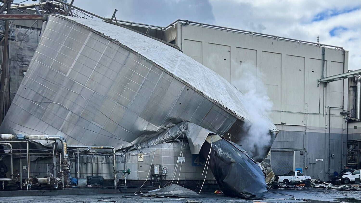 This photo provided by the City of Longview, Wash., shows structural damage to the Nippon Dynawave ...