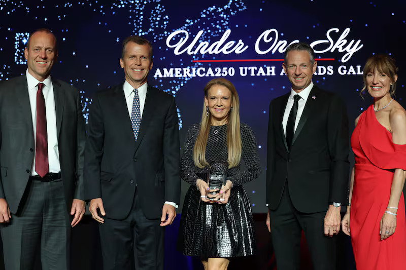 David Huntsman and Christine Huntsman accept the Milky Way Award on behalf of the Huntsman Family Foundation during the Salt Lake Chamber's "Under One Sky America250 Utah Awards Gala" at the Grand America Hotel in Salt Lake City on Thursday, May 21, 2026.
