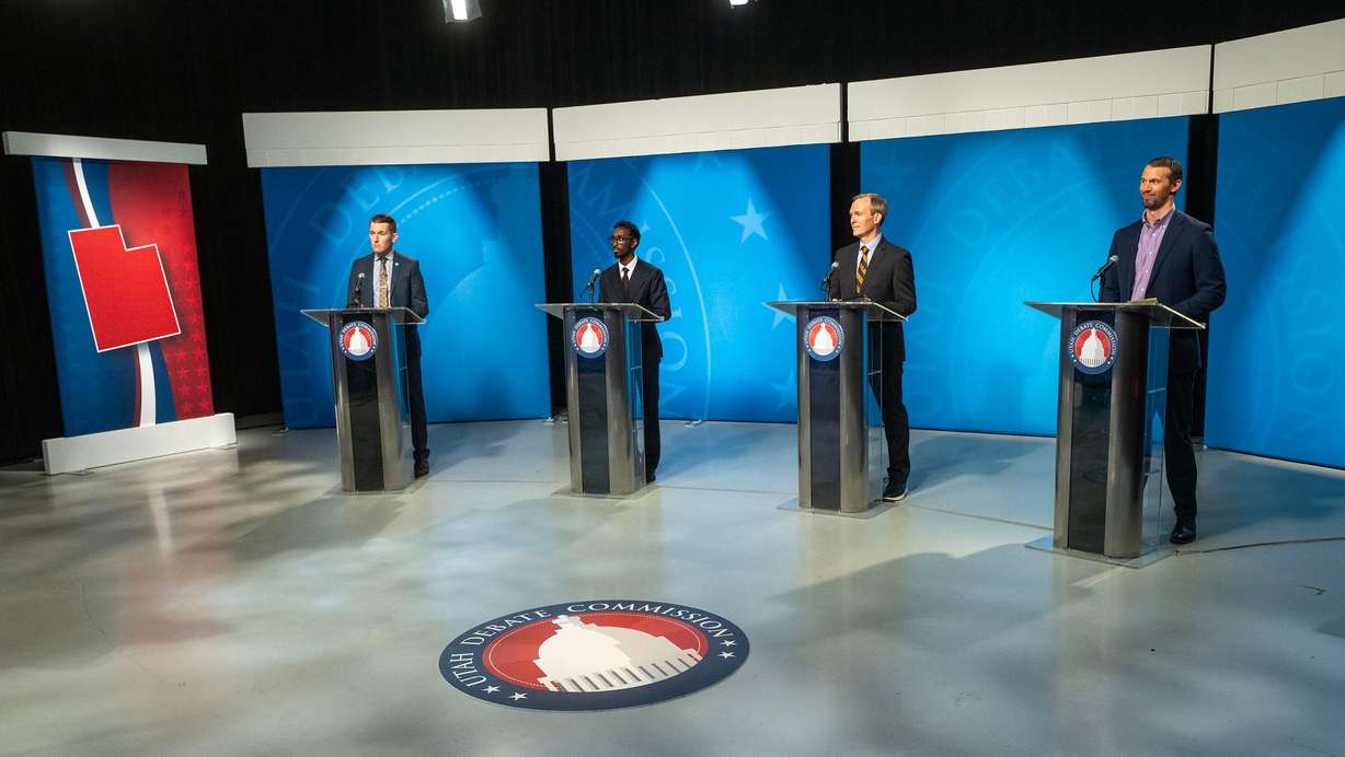 Candidates Nate Blouin, Liban Mohamed, Ben McAdams and Michael Farrell face off in the 1st Congressional District Democratic primary debate at the Eccles Broadcast Center in Salt Lake City on May 27. The new 1st Congressional District favors Democrats by 14 to 24 percentage points. (Photo: Scott G Winterton, Deseret News)