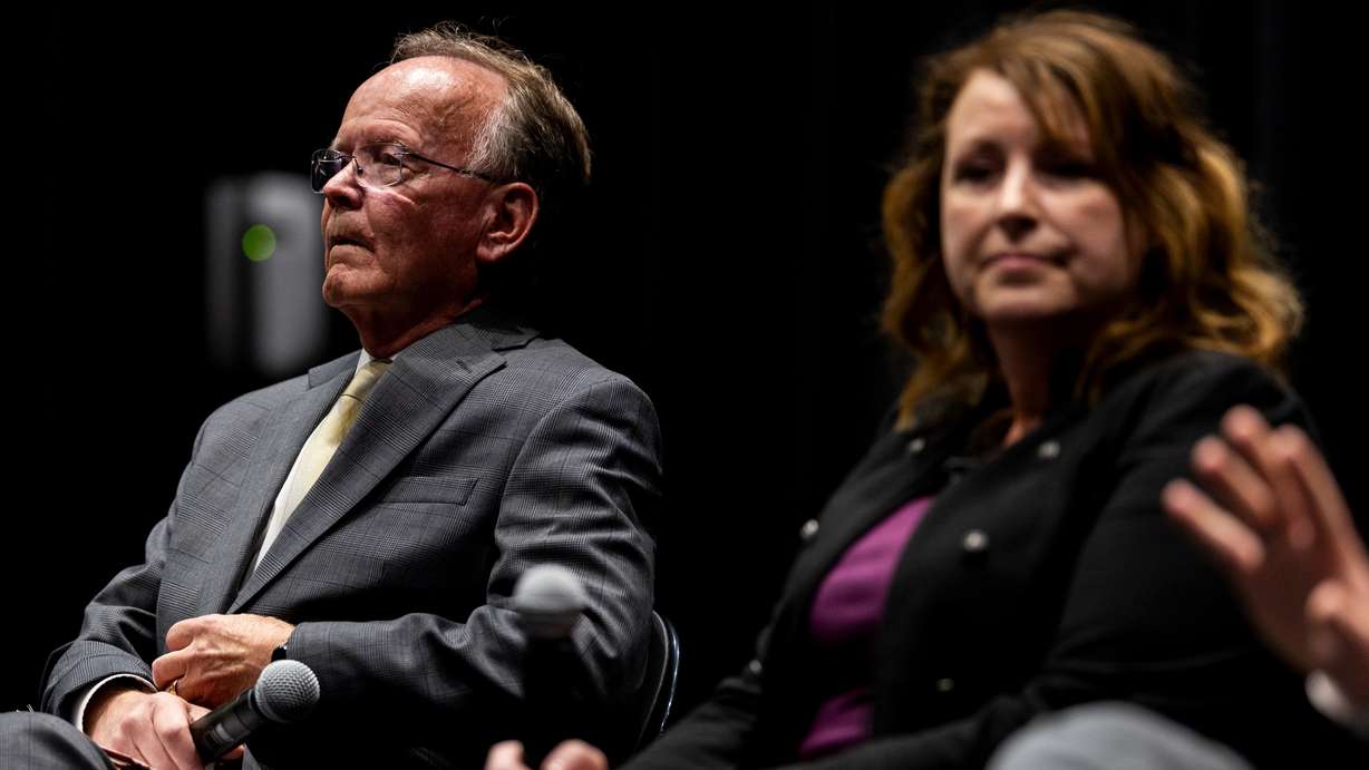 Utah Senate President Stuart Adams, left, is pictured with Stephanie Hollist at Sunset Junior High School in Sunset on June 16. Hollist defeated him in Republican primary voting on Tuesday, according to unofficial vote totals. (Photo: Rio Giancarlo, Deseret News)
