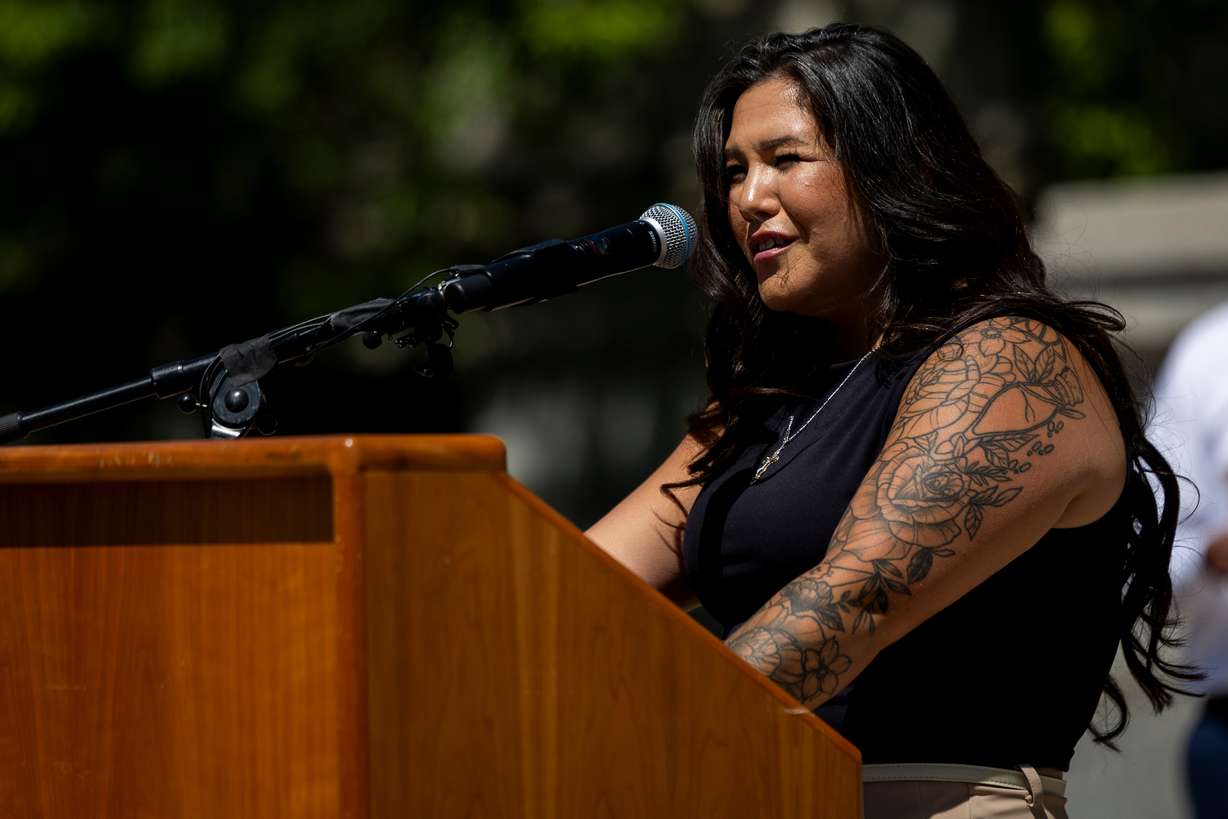 Aleah Corona, the mother of a boy injured at the Provo Canyon School, speaks during a press conference about recent allegations of abuse at the Provo Canyon School outside of the Provo Historic Courthouse in Provo on Monday, June 15, 2026. (Photo: Rio Giancarlo, Deseret News)