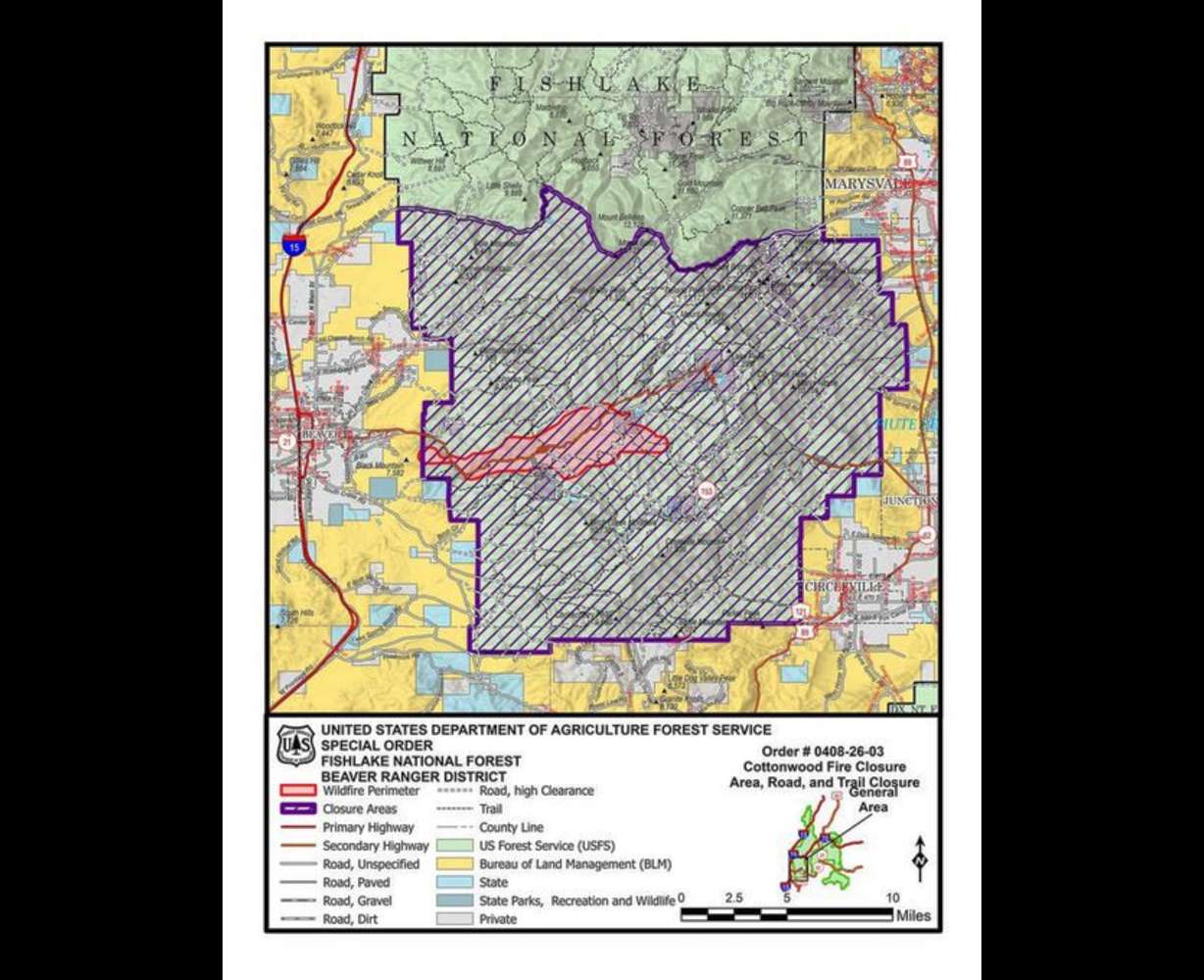 A map provided by the U.S. Forest Service showed the Cottonwood Fire perimeter and closures surrounding it, as of Tuesday evening. (Photo: U.S. Forest Service)