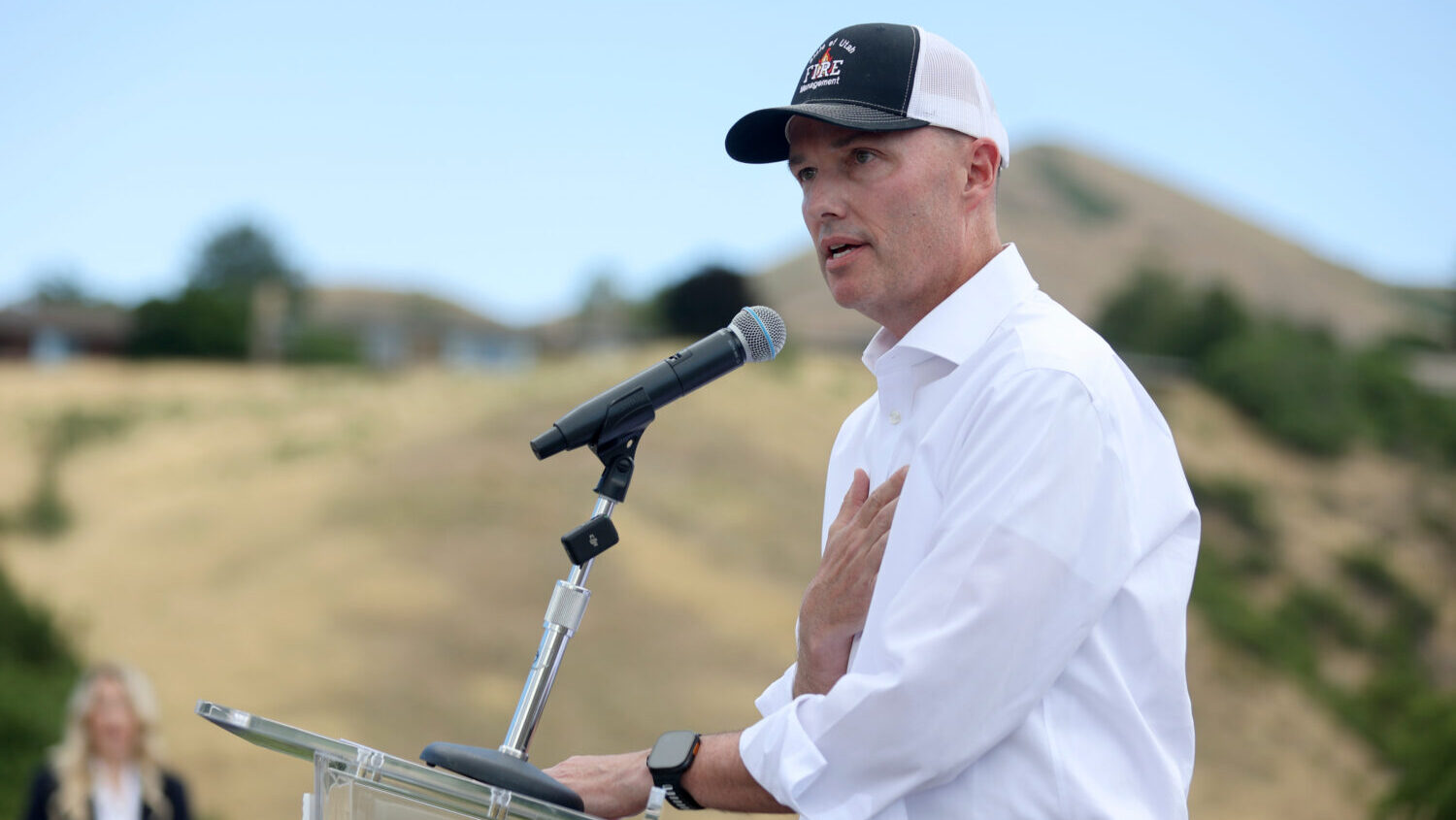 Gov. Spencer Cox speaks at a press conference about current wildfire conditions near the Bonneville Fire burn scar in Salt Lake City on Thursday, June 25, 2026. (Kristin Murphy, Deseret News)