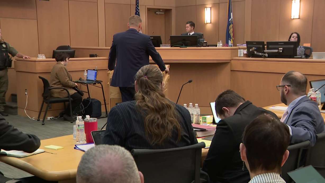 Defense attorneys Mary Corporon and Jonathan Nish sit next to Ryan Bate, the man accused of killing two Tremonton cops, while prosecutor Blair Wardle speaks during a preliminary hearing on Wednesday. (Photo: Jackson Grimm, KSL)