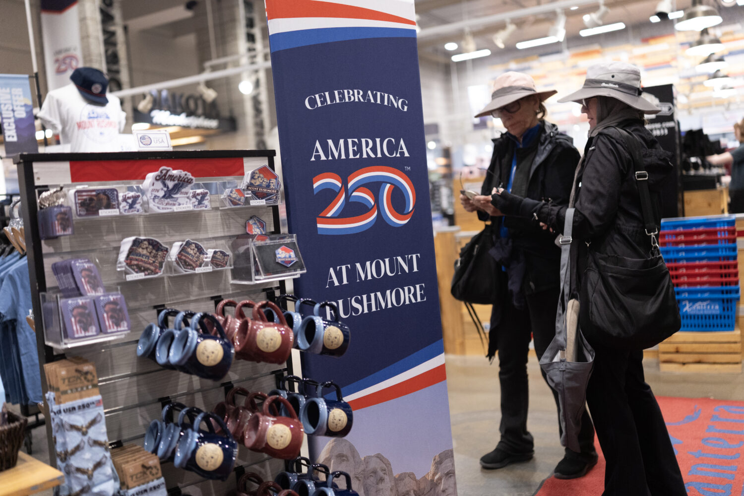 Merchandise celebrating America's 250th anniversary is offered for sale in the gift shop at Mount Rushmore National Monument on June 12, 2026 in Keystone, South Dakota. (Scott Olson, Getty Images)