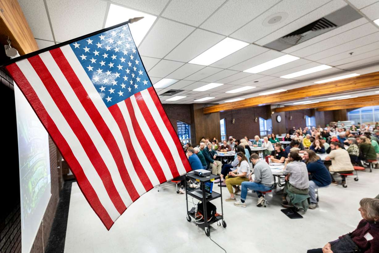 Constituents listen to a speaker during a gathering held by Democrats in House District 22 at West High School in Salt Lake City as part of caucus night in Utah on March 17. Republican influence in this year's Democratic primaries could be felt statewide. (Photo: Isaac Hale, Deseret News)