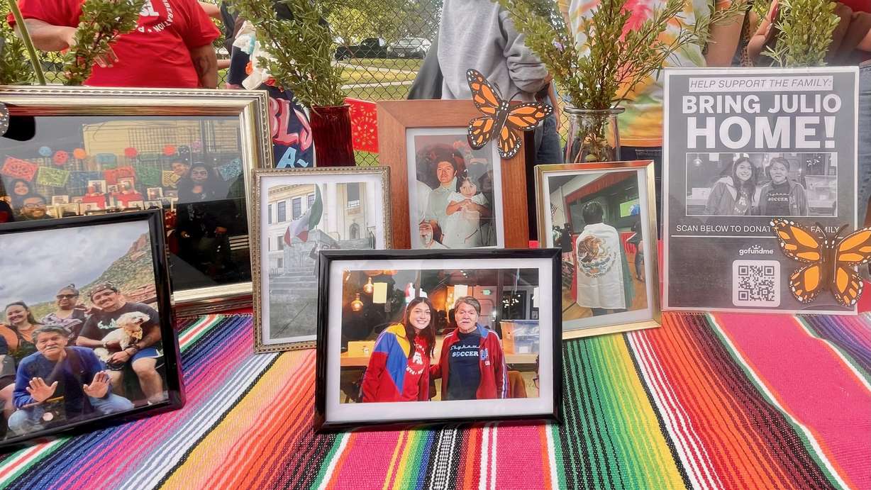 Friends and family rallied on Thursday in Sherwood Park in Salt Lake City in support of Julio Irungaray Sr., detained by immigration agents. He's shown in the center photo with daughter Chantal Irungaray. (Photo: Tim Vandenack, KSL)