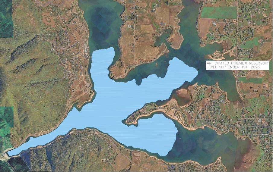 Pineview Reservoir in Weber County, a popular recreation draw, will be largely drained as part of Ogden's ongoing pipeline replacement project. The image shows the reservoir's expected water level, in bright blue, on Sept. 1. It's to be reduced even more by Sept. 15. (Photo: City of Ogden)