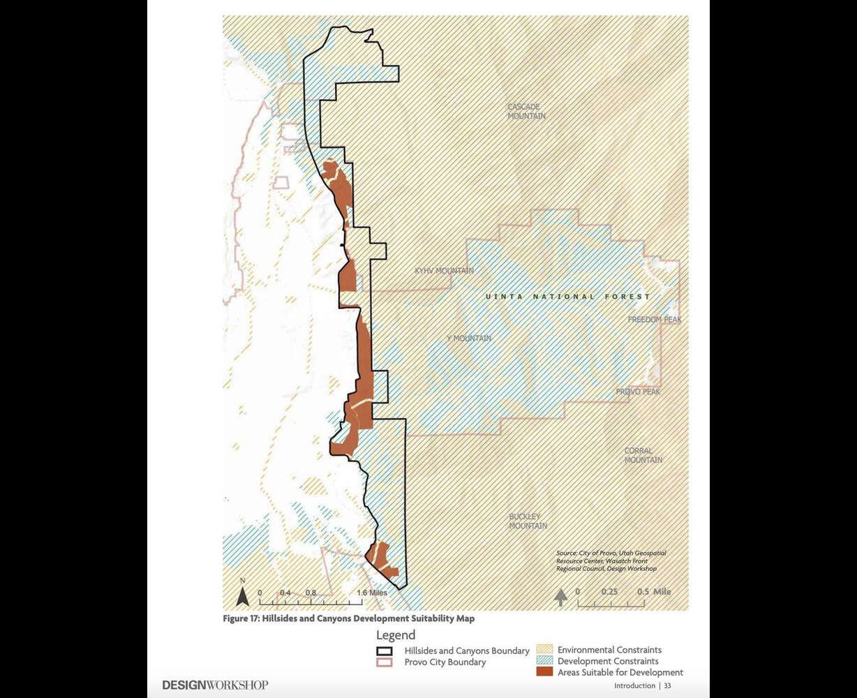 A map from Provo's Hillsides and Canyons Plan showing what areas of the hillsides and canyons boundary are suitable for development and if they face ecological or developmental constraints. (Photo: Provo)