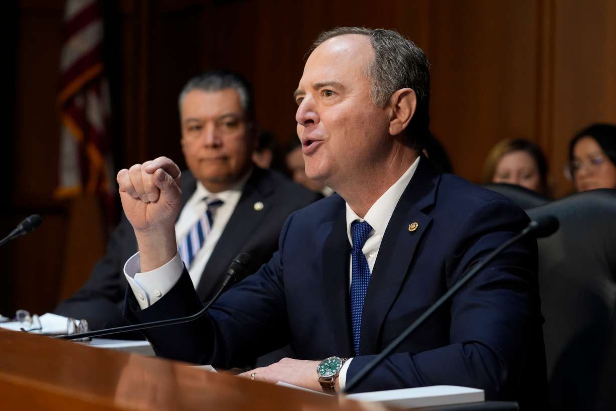 Sen. Adam Schiff, D-Calif., as Pam Bondi, then-President-elect Donald Trump's choice as attorney general, appears at a the Senate Judiciary Committee confirmation hearing at the Capitol in Washington, Jan. 15, 2025. Schiff and Sen. John Curtis sponsored a bipartisan bill establishing guardrails on AI chatbots on Tuesday. (Photo: J. Scott Applewhite, Associated Press)