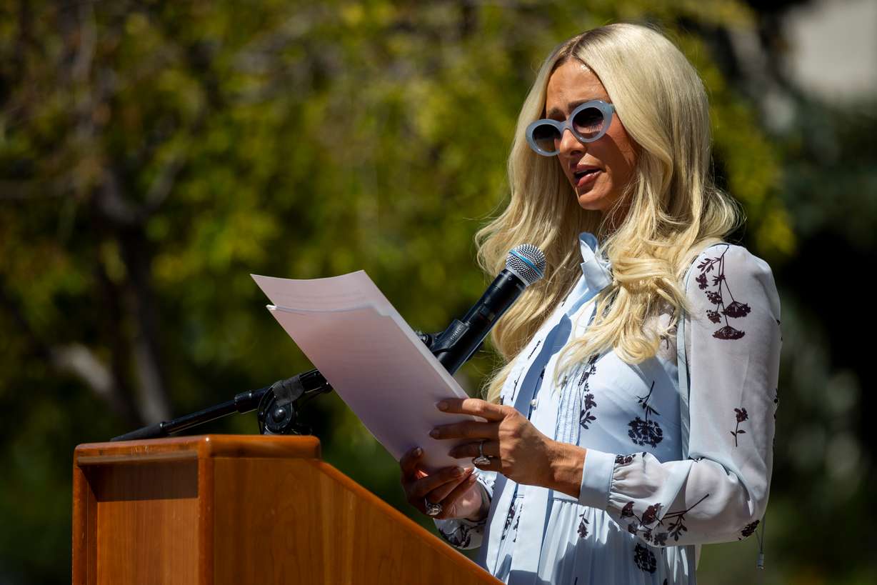 Paris Hilton speaks during a press conference about recent allegations of abuse at the Provo Canyon School outside of the Provo Historic Courthouse in Provo on Monday. (Photo: Rio Giancarlo, Deseret News)