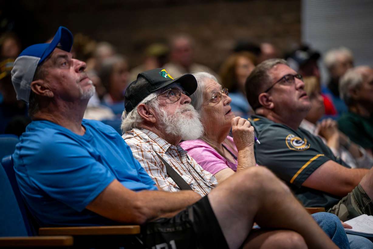 Beaver residents listen during a community meeting at Beaver High School discussing the Cottonwood Fire burning on the mountains east of Beaver on Monday. Residents were asked to pray for the firefighters battling the blaze. (Photo: Scott G Winterton, Deseret News)