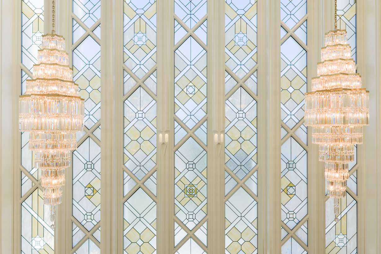Stained glass windows and chandeliers inside the San Diego California Temple of The Church of Jesus Christ of Latter-day Saints. (Photo: The Church of Jesus Christ of Latter-day Saints)
