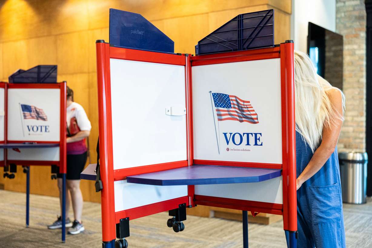 Voters fill out their ballots during primary election voting held at the Lehi Public Safety Building on June 25, 2024. Republicans are seeing their chance to influence the 1st Congressional District's Democratic primary. (Photo: Isaac Hale, Deseret News)