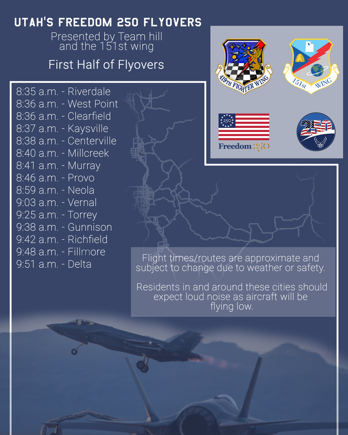 The first half of the Freedom 250 Flyover map was released by Hill Air Force Base on Wednesday, July 1, 2026, days before the Fourth of July holiday. (Photo: Hill Air Force Base)